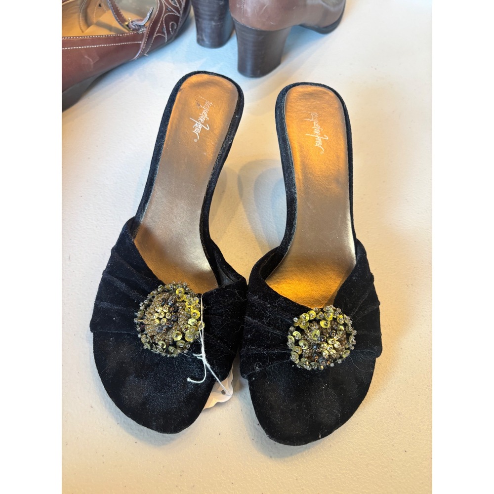 Velvet Kitten Heel Mules Beaded Black Y2K Vintage Jacqueline Ferrar Slip Sandals